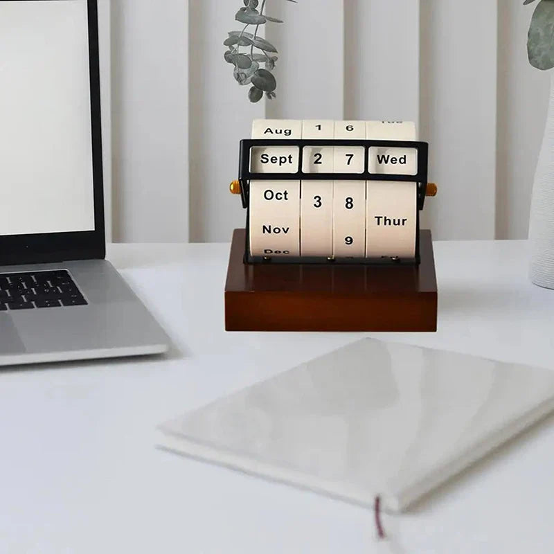 Mid-Century Rotating Wooden Perpetual Desk Calendar